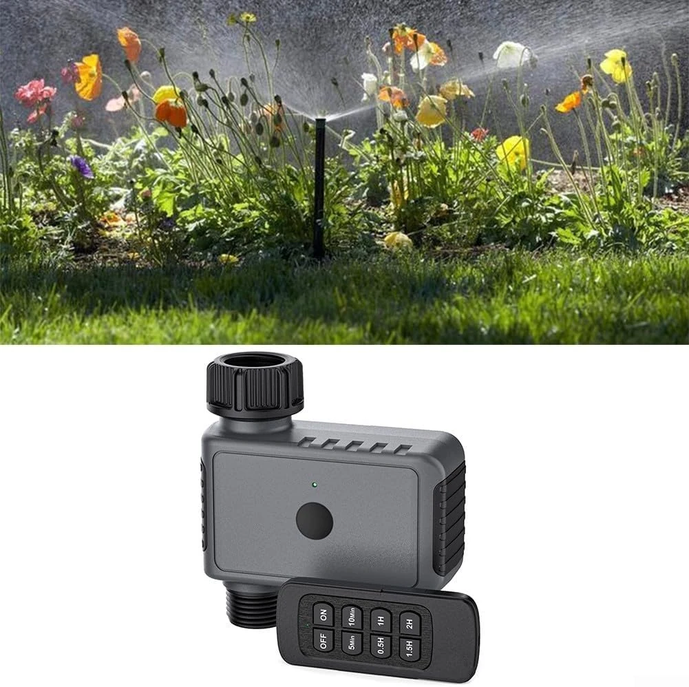 Drip irrigation timer connected to a sprinkler garden watering setup