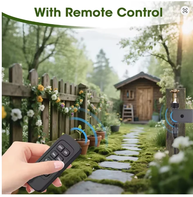 Remote control irrigation timer in use for garden watering