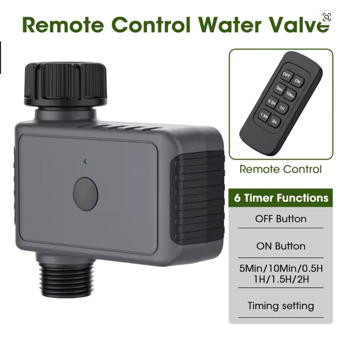 Remote control water timer showing simple timed watering functions